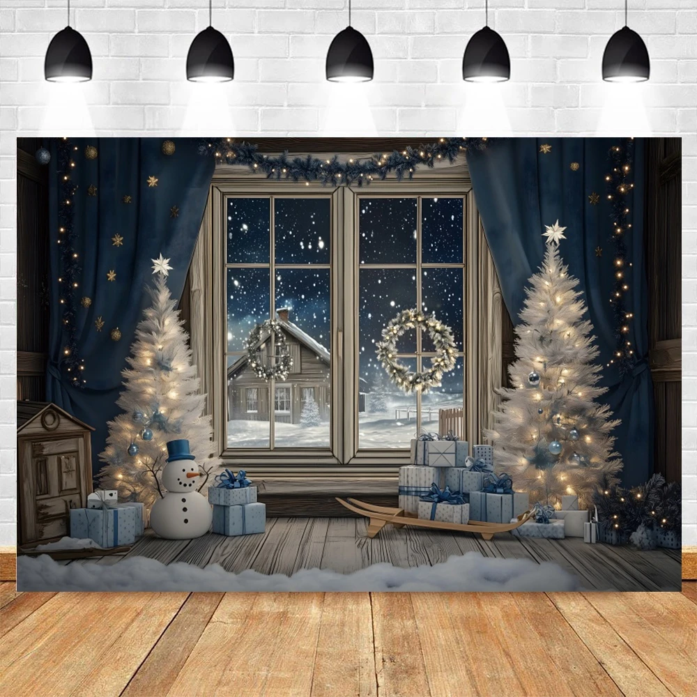 Christmas Photography Backdrop Winter Window Blue Curtain Night Xmas Tree Gift Wreath Snowmen Family Portrait Photo Background