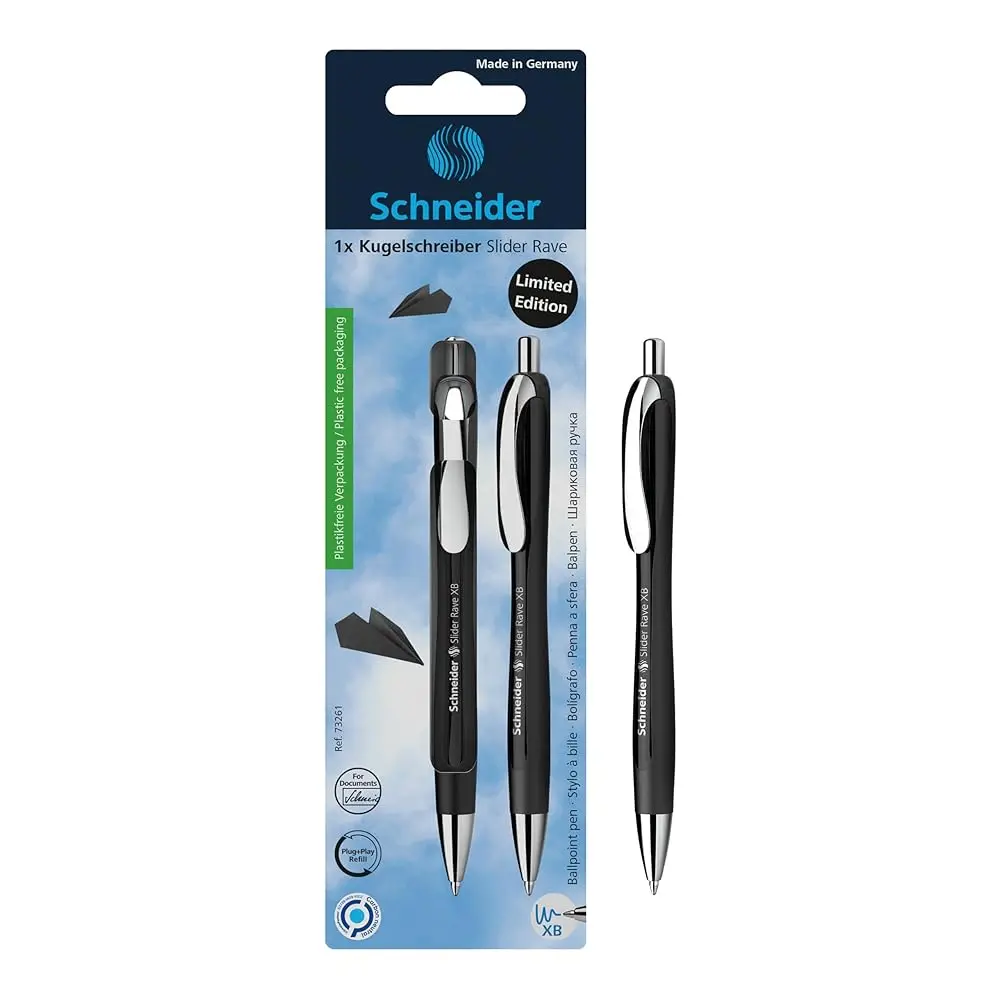 

Ручка-слайдер Limited Edition Slider Rave Black, XB (Extra Broad), сменный стержень, выдвижная, 1,4 мм, черный корпус, синие чернила.