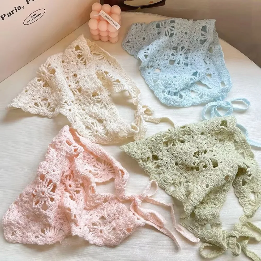 French Handmade Knitted Headscarf Hat Hollowed Triangle Crochet Headband Sunshade Flower Headscarf Beach Photography