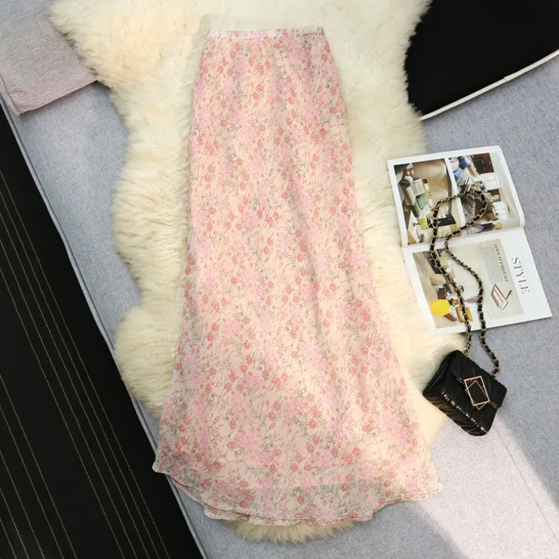Elegant Pink Floral Print Half-length Skirt Women's High-waist Midi Skirt Beautiful Drapey Fish-tail Skirt Summer New Style