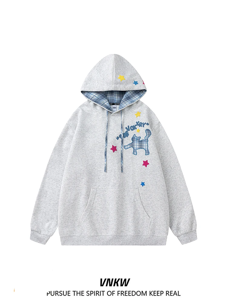 

Худи в стиле ретро с американским клетчатым принтом и надписью, свободный крой, повседневная толстовка из хлопка и полиэстера для осени и зимы