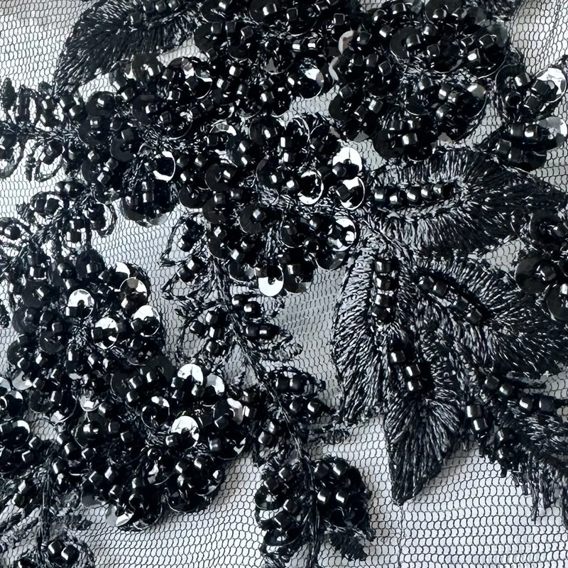 1Ps Black Sequin Lace Patch Mesh Embroidery Fabric Flower Bead Applique Sewing For  Wedding Evening Dress Clothing Accessory Diy