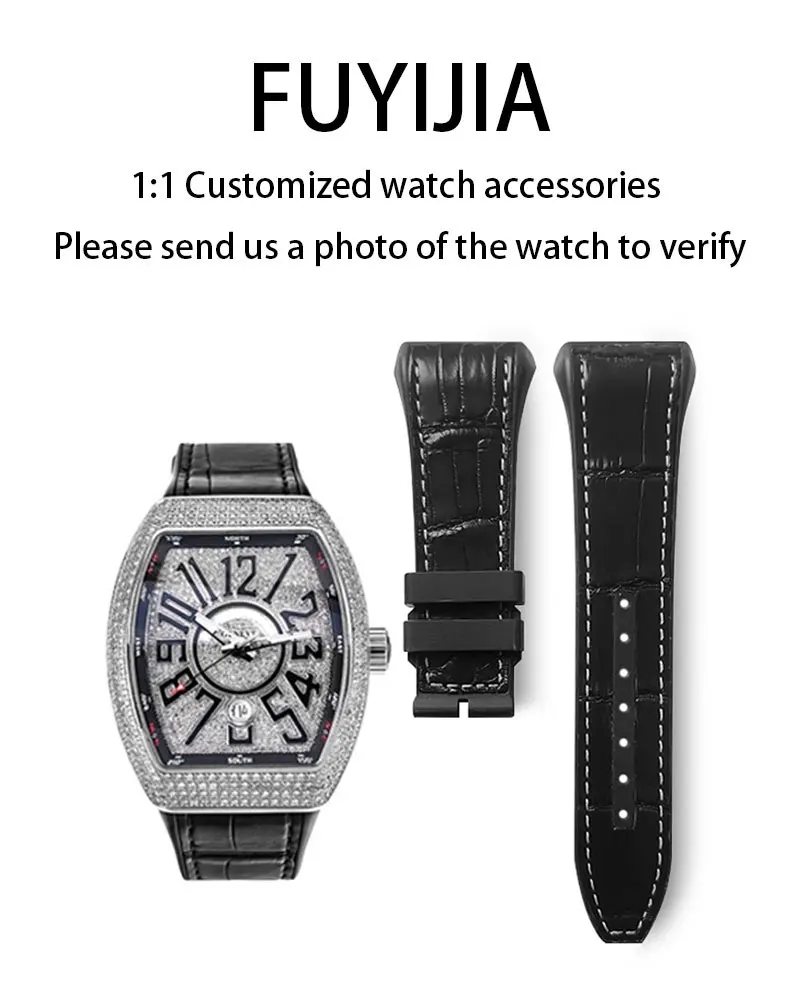 FUYIJIA hombres personalizado f-ranck m-uller V45 V41 V32 correas de reloj originales piel de cocodrilo + correa de caucho fluorado pulsera VITON impermeable