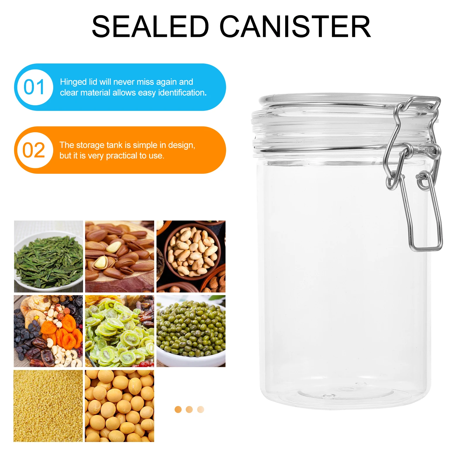 

Snack Fresh Keeping Box Airtight Food Container Hinged Lid Clear Plastic Sealed Can for Grains Nuts Tea Seasoning Storage