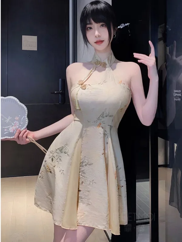 Exotic Summer Fashion Womens Clothing new Classical Sweet Chinese Style Hanging Neck Wide Truffle Back A-line Elegant Dress