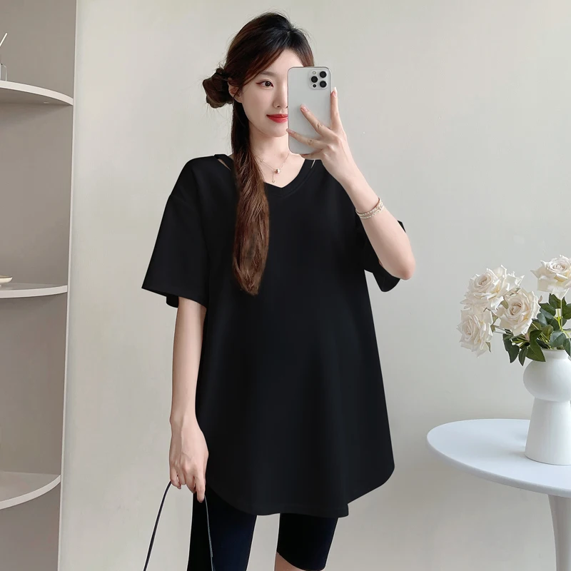 New V-neck Casual Pregnant Women's Cotton T-shirt Irregular Short Sleeve Long Loose Maternity Tees Shirts Solid Color Top Shirts