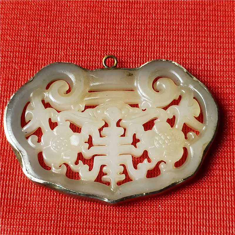 Handicrafts - Old Silver Baoyu Hollow Long Life Lock White Jade Brand Baojiang