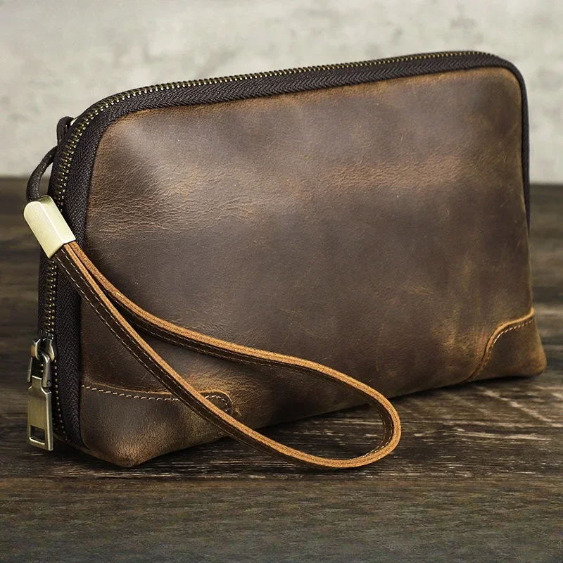 Retro Crazy Horse cowhide data cable Bluetooth headset storage bag with wrist strap Men's clutch bag