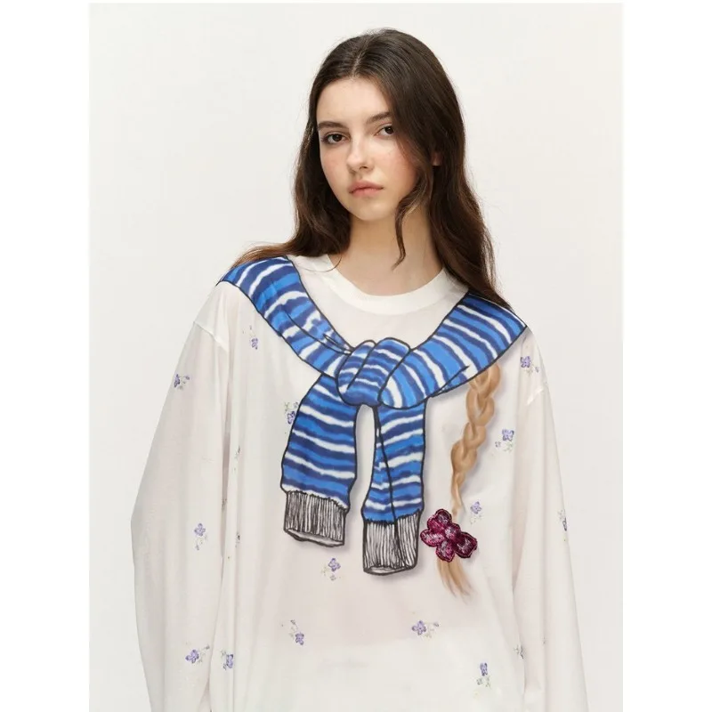 

Новая накидка с длинными рукавами, забавная ручная работа, завязка с узлом и цветочным принтом Y2k, женская одежда, футболка, базовый топ, футболка с длинными рукавами