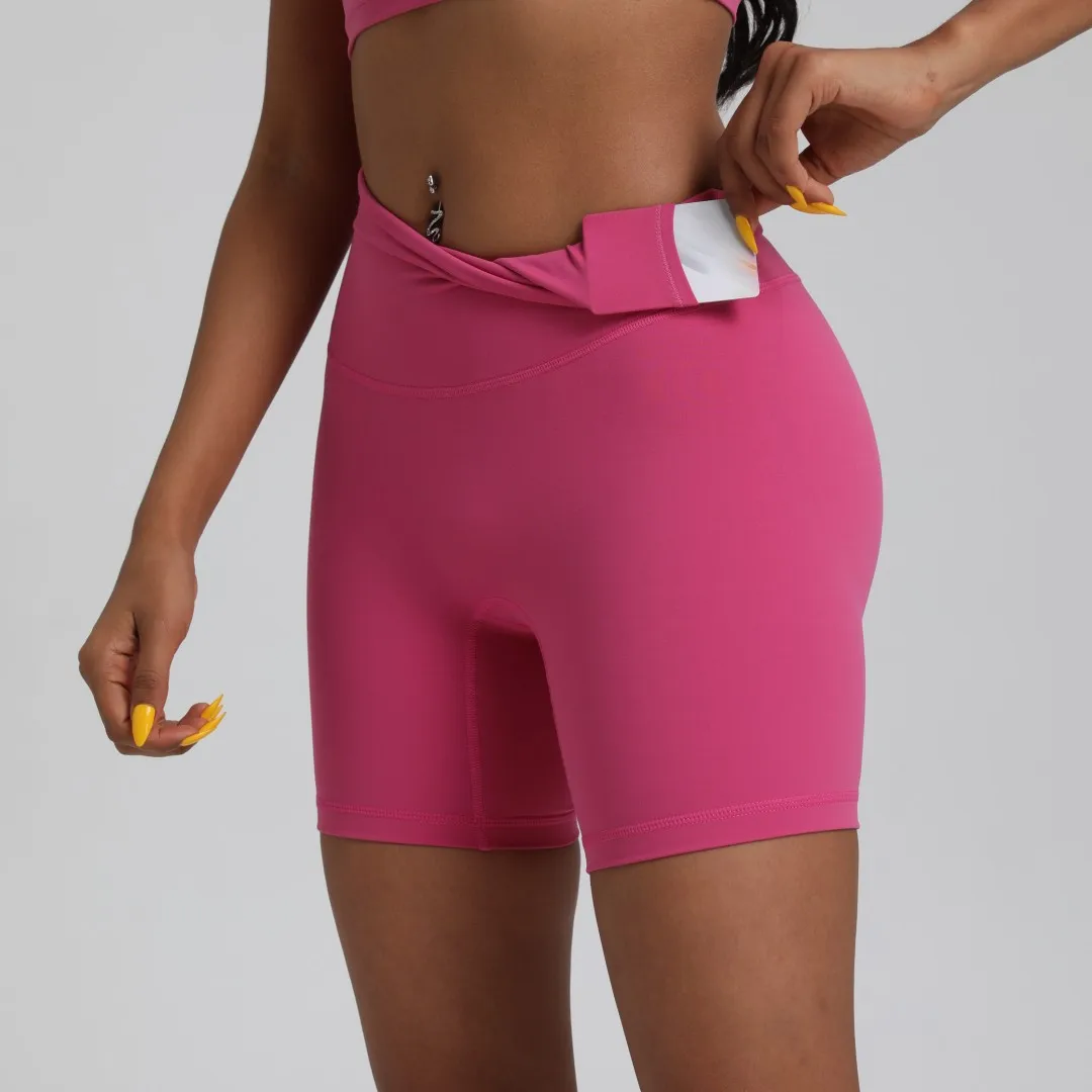 Solid-color women's high-waisted double-faced brushed yoga shorts with high elasticity and breathability, four-pieced style