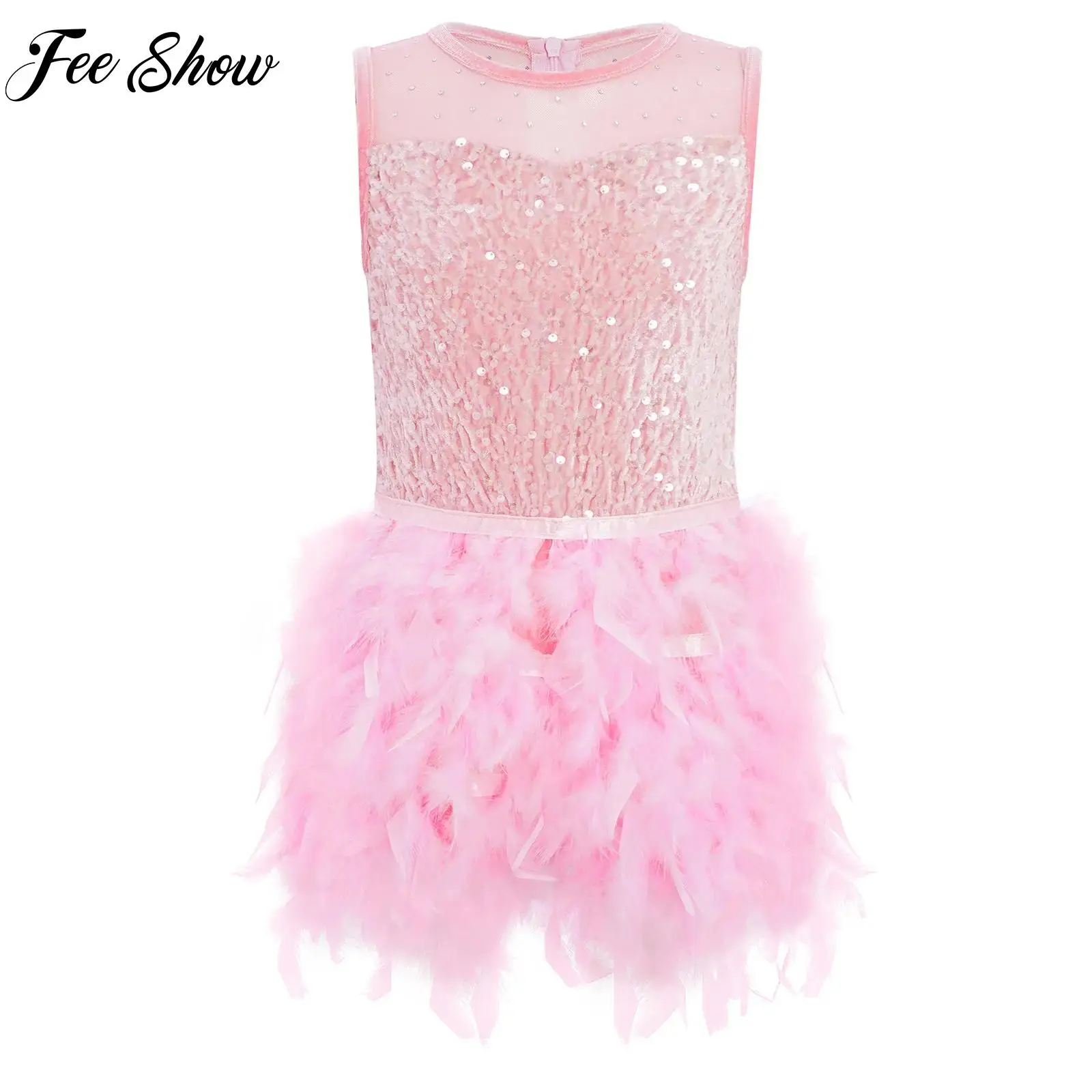 

Child Girls Latin Lyrical Modern Dance Costume Sleeveless Sequins Feather Velvet Princess Dress for Jazz Cha-cha Samba Dancing