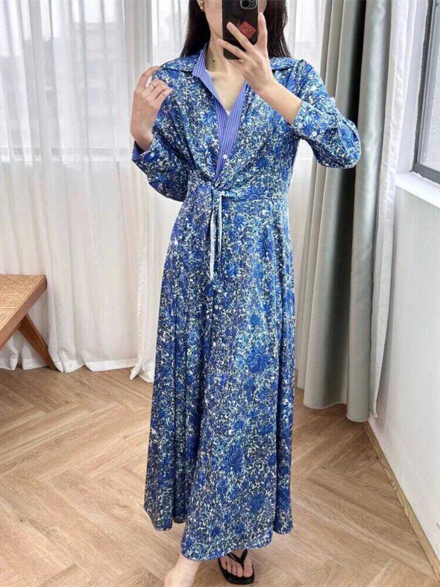 

Women Blue Robe Floral Printed Lace-up Turn Down Collar Long Sleeve Vintage Spring 2024 Midi Dress