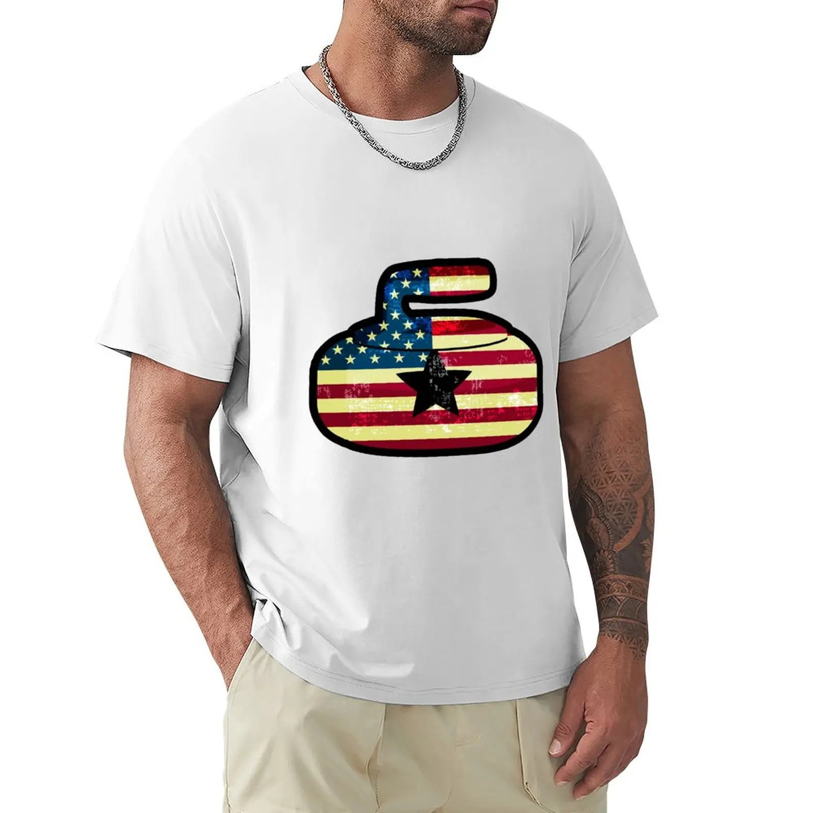 

Curling USA Flag Winter T-shirt summer top anime clothes new edition mens graphic t-shirts anime