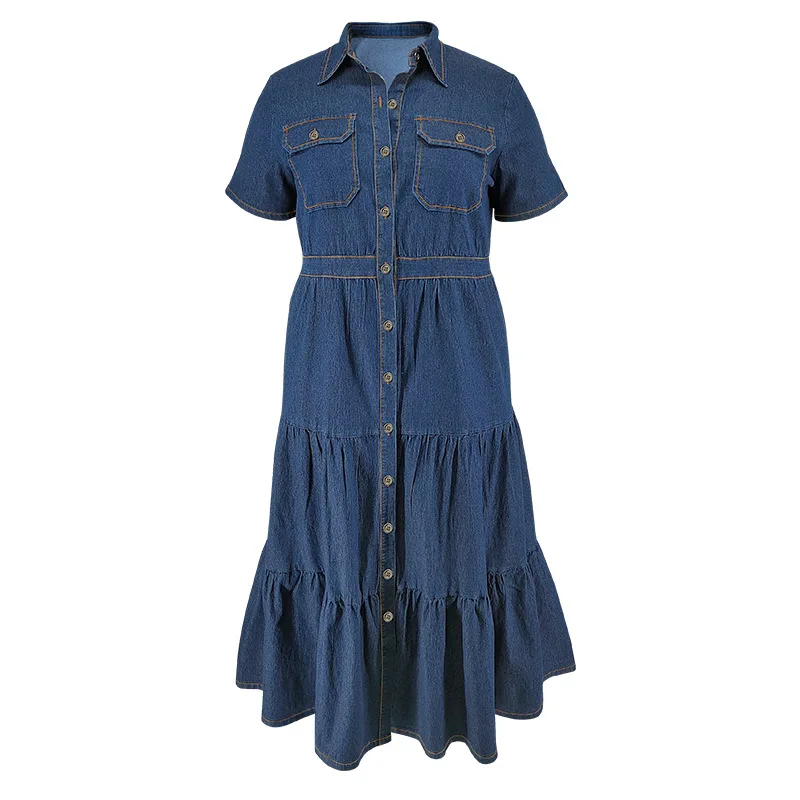 2024 Summer Button Plus Size Denim Dress Women Short Sleeve Large Shirt Jean Dresses Lady Pocket Chubby Curvy Long Pleated Dress