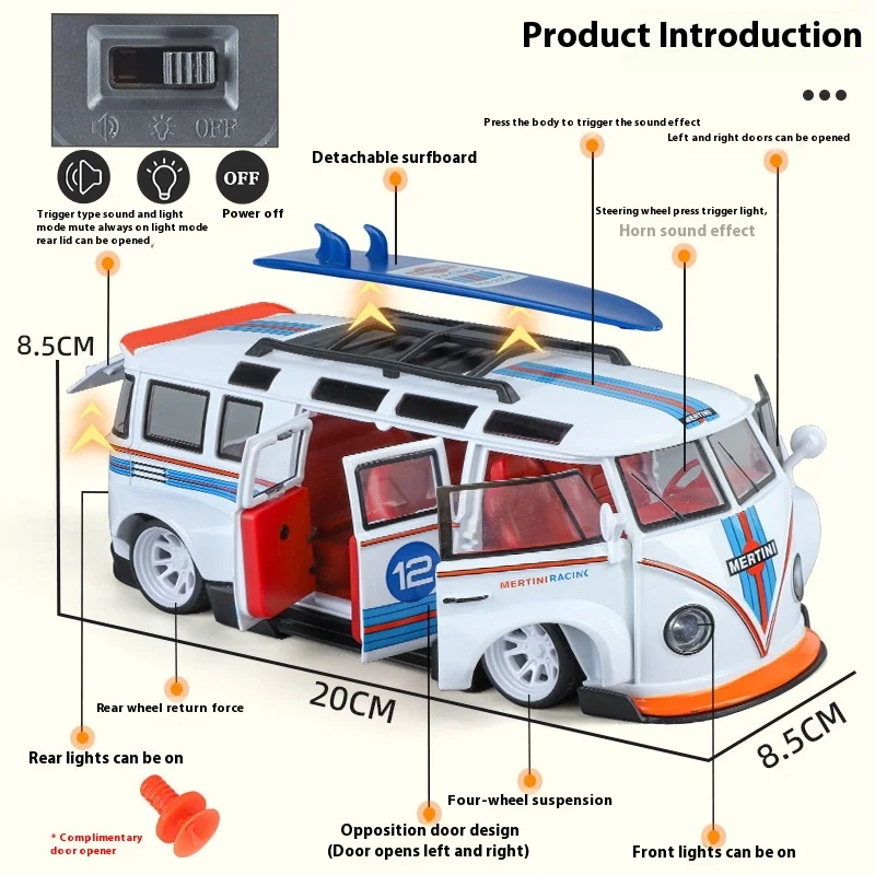 1: 24 Volkswagen T1 Bus Multi Door Surfboard Alloy Sound And Light Feedback Model Car Children'S Simulation Boy And Girl Toy Car