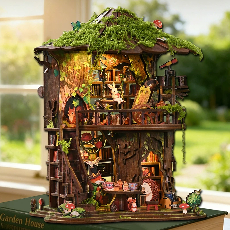 

DIY Wooden Forest Tea Book Club Book Nook Miniature Model Kits With Furniture LED Lights Dollhouse for Friends Birthday Gifts