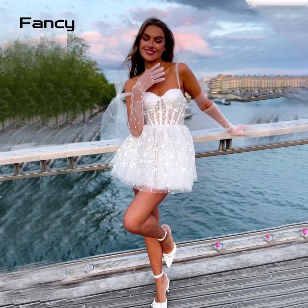 Fancy Sexy Knee Mini Short Wedding Dress Lace Flower Printing Bridal Gown With Gloves A Line Evening Party Dresses Saudi Arabia