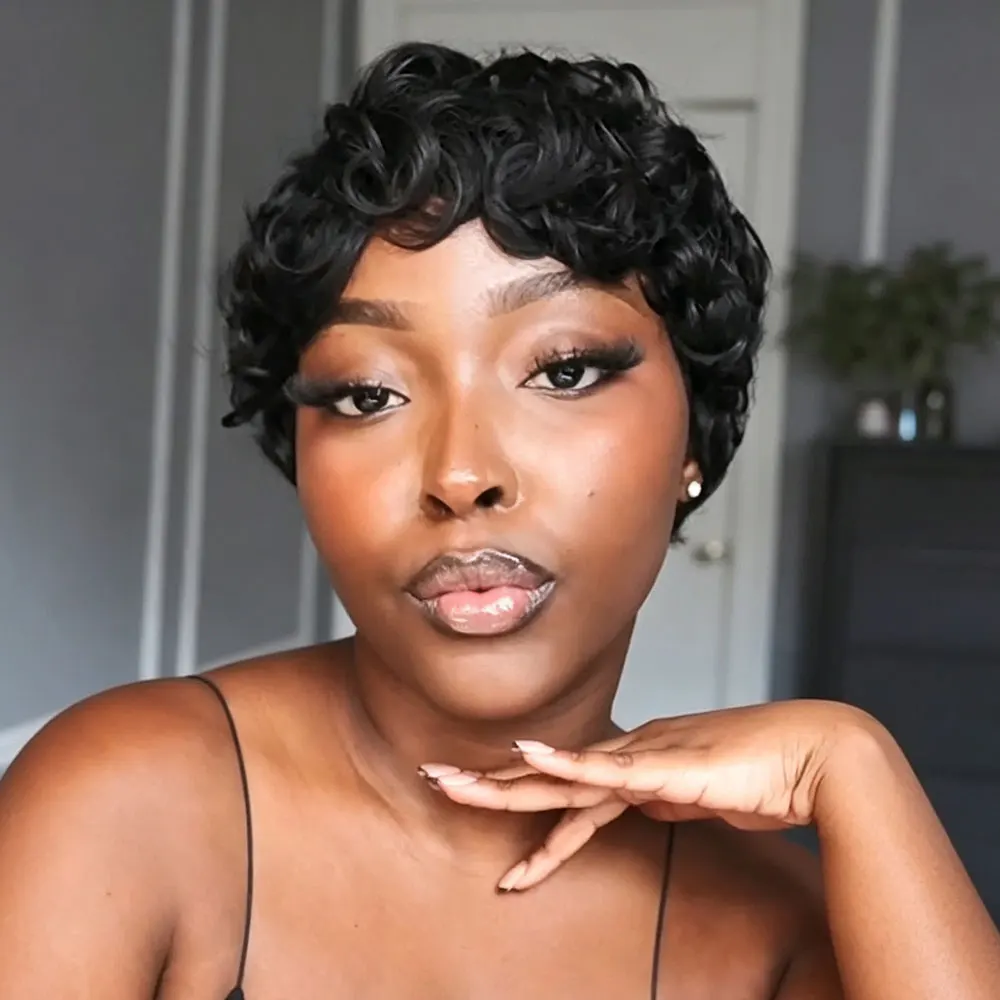 Women' Short Curly Pixie Wig for Women - Pink, Full Machine Made 100% Remy Human Hair Suitable for Parties, Festivals, Dating