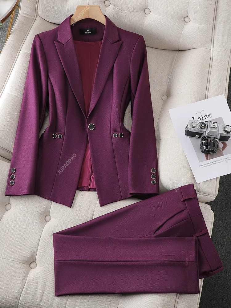 Formal Blazer and Pant Suit for Women Solid Jacket and Trouser Female Business Work Wear Green Purple Blue Black 2 Piece Set