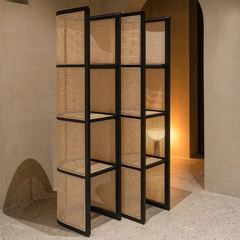 Black rattan shelf small apartment living room multi-layer floor bookshelf