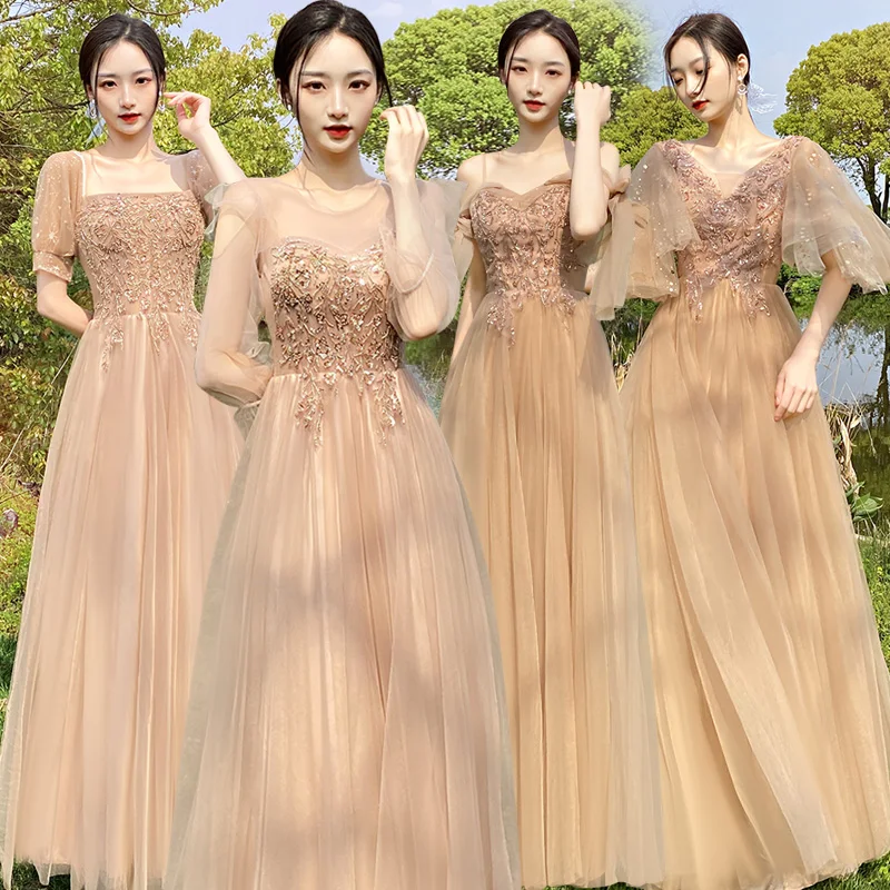 

Летние женские платья для подружек невесты цвета шампань, визуально стройнящие, для торжественных мероприятий, в стиле феи, для группы подружек невесты, высокого качества