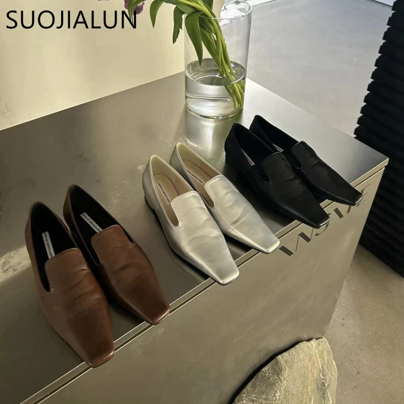 SUOJIALUN 2024 Spring New Brand Women Flat Shoes Fashion Square Toe Slip On Laofer Shoes Ladies Casual Outdoor Dress Single Shoe