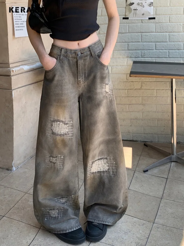 Pantalones vaqueros rasgados estéticos Vintage para mujer, pantalones informales de longitud completa con fregona para daños, pantalones vaqueros holgados Punk Y2K para verano 2025