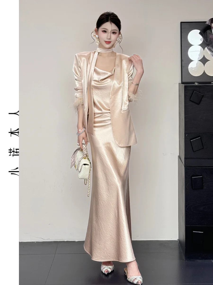 

Повседневный женский костюм, весенний дизайн, легкая роскошная юбка с высокой талией и хвостом, длинный свеч, V-Ne на пуговицах