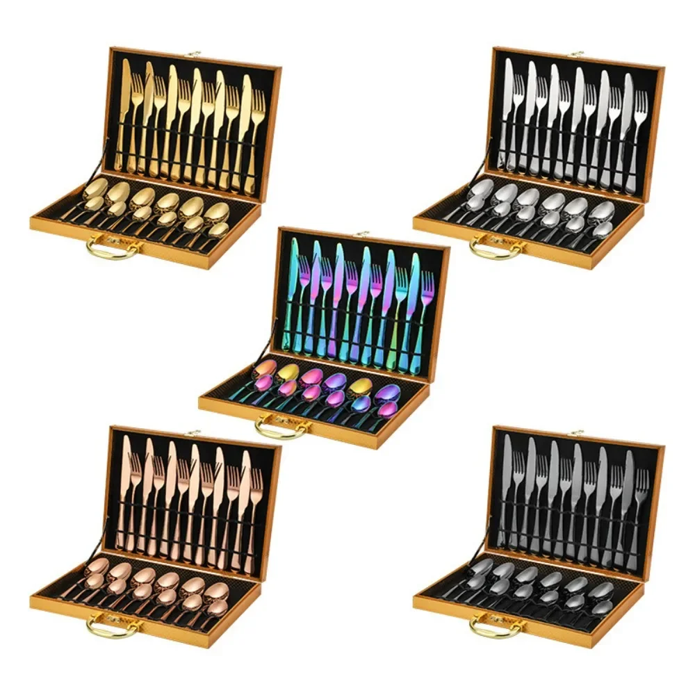 Rainbow Tableware Set Stainless Steel 24pcs Dinnerware Knife Fork Coffee Spoon Cutlery Set Gift Box Set Western Dinner Flatware