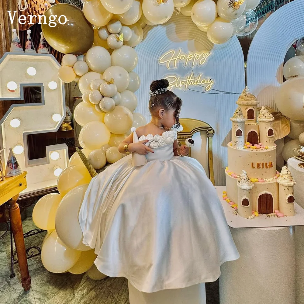 Verngo Elfenbein Satin Prinzessin Mädchen Blumen Kleid Schulterfrei Kindergeburtstag Partykleid Elegantes Promi-Kleid Maßgeschneidert