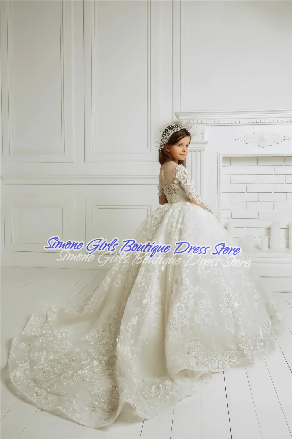 Flower Girl Dress Bows Children Long Sleeve For Weddings Party Princess First Holy Communion Dress Formal Tulle Ball Gown image 2