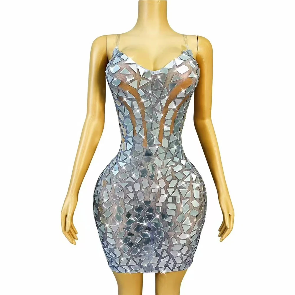 

Sexy Elegant Silver Shiny Mirrors Party Gown Suspenders Mesh Dress Women Birthday Evening Outfit Fashion Show Photoshoot Costume