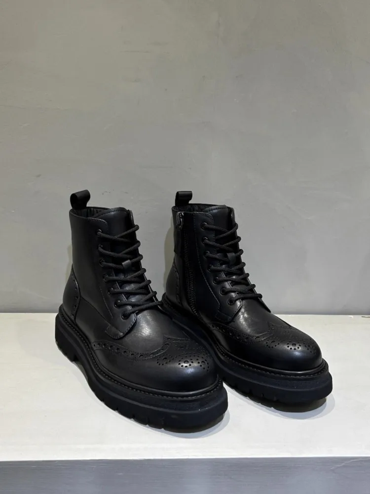 British Style Men High Top Shoes Side Zipper Autumn Winter Genuine Leather Footwear Round Toe Carved Real Cowhide Ankle Boots