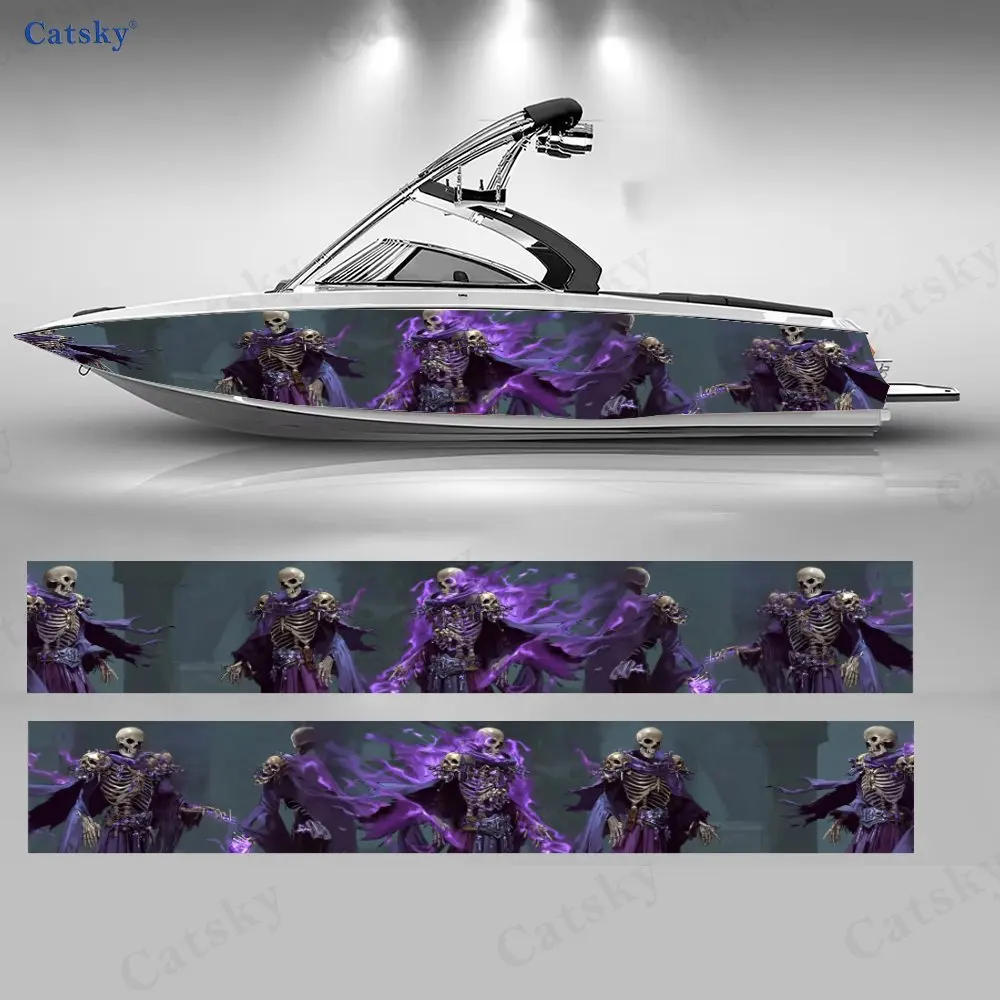2Pcs Boat Vinyl Graphic Wrap, Purple Sorcerer Skeleton Design, Durable Waterproof Material, Ideal for Speedboats Wakeboard Boats