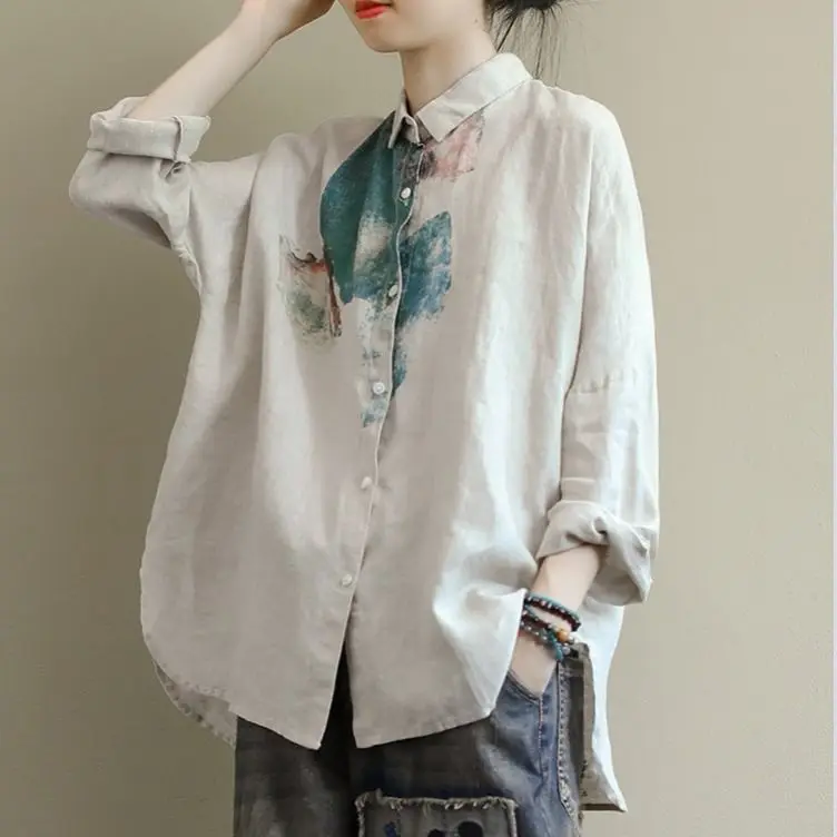 

plus Size Women's Vintage Loose Fit Long Sve irt Casual Cotton Linen Print Collared Blouse Artistic Commute Sle Autumn...