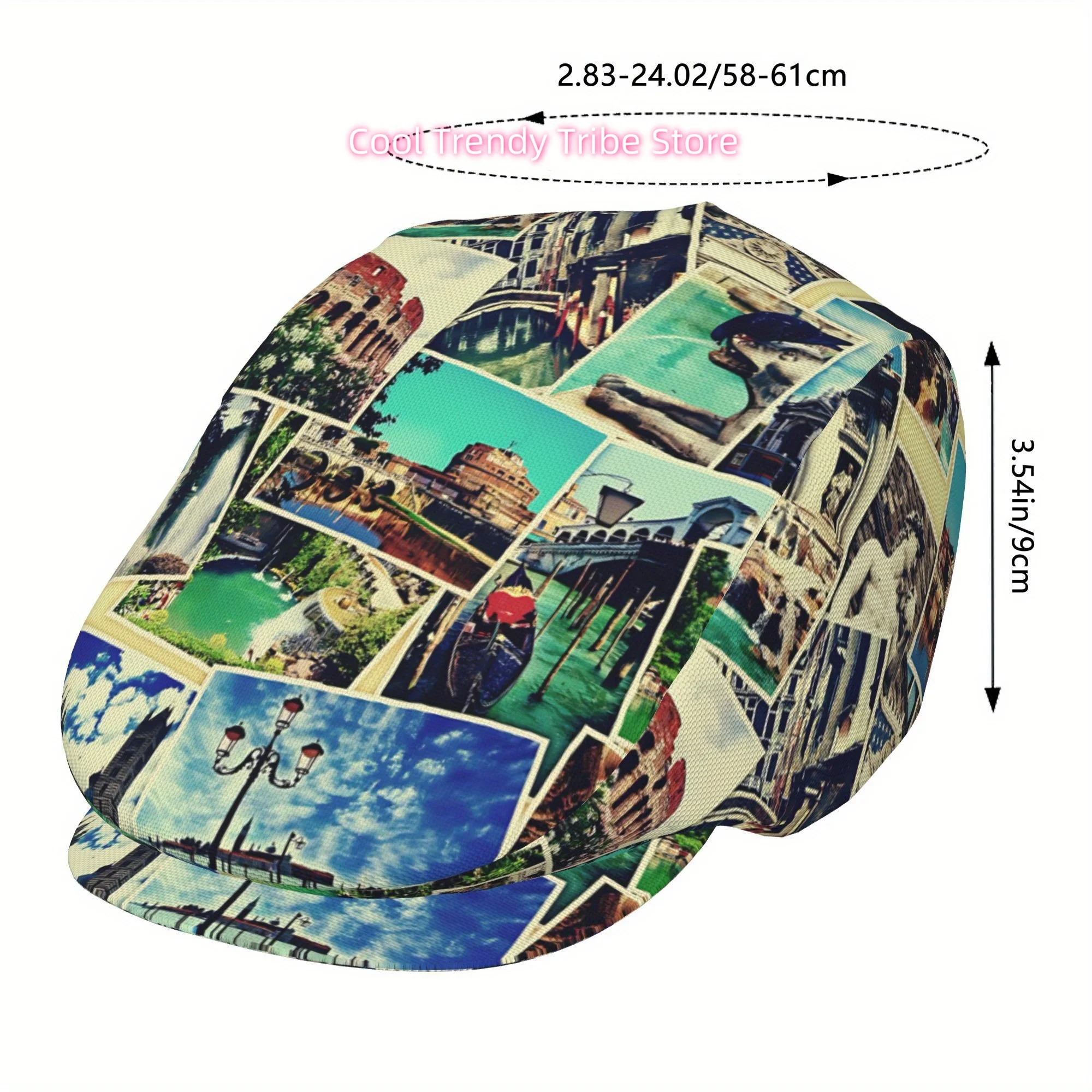 1pc Italian Landmark Beret Hat - Vintage Travel Poster Design with Rome, Venice, Florence - Lightweight Polyester Cap for Golf,