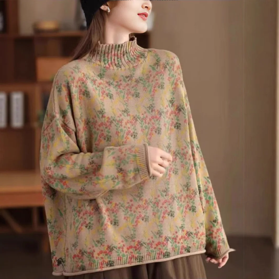 Sweater Traf Cotton Casual Ruched Loose Fit Regular Print Pullovers Female Clothing Clearance