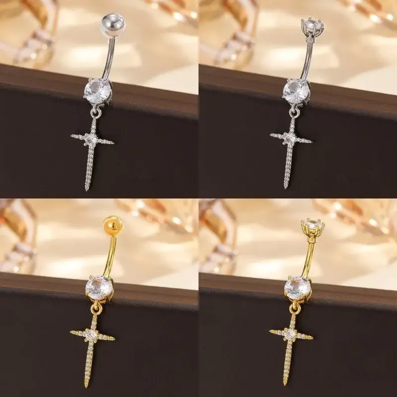 Ciondolo croce stella marina con zirconi chic; Anello bilanciere per ombelico da donna; Regalo di gioielli per piercing all'ombelico sexy