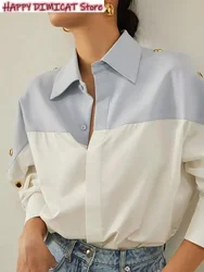 Patchwork Color Blouses for Women, Button Up Top, Turn Down Collar, Temperament Long Sleeve, Female Design Clothes, Summer