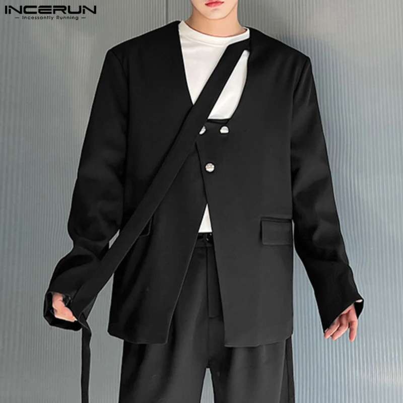 INCERUN Men Fashion Blazer Strap Halter Neck Long Sleeve V Neck Hollow Out Sexy Party Wear Suit Stylish Male Outfits Coat