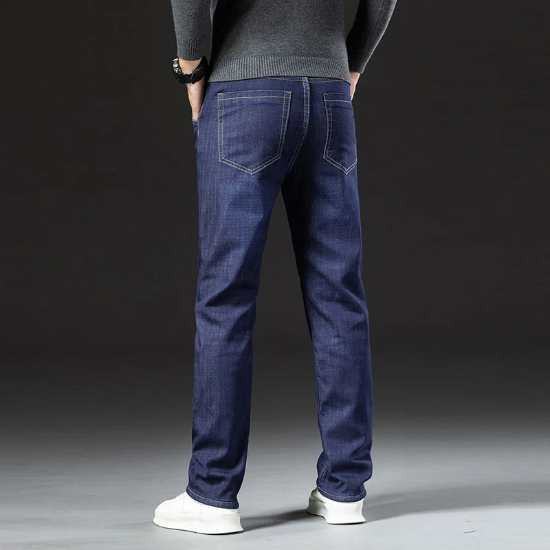 الرجال الخريف الشتاء صوف مبطن سميكة الدافئة الجينز الذكور موضة فضفاضة مستقيم الدينيم السراويل الذكية عادية مريحة بنطلون