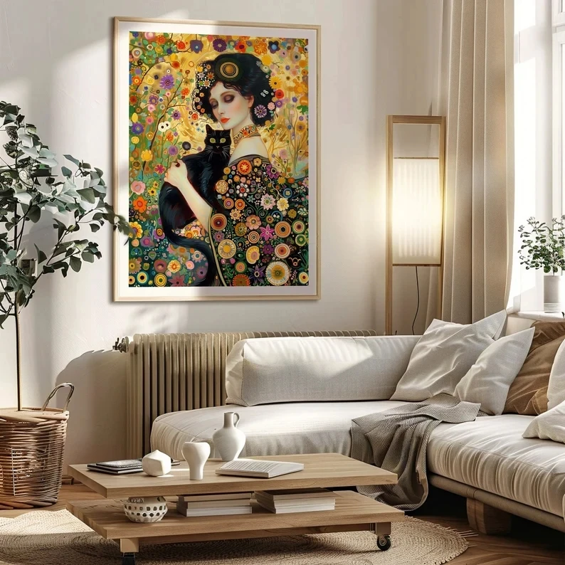 Gustav Klimt Famous Woman and Cat Poster Vintage Gold Night Moon Star Tree Artwork Canvas Painting Wall Art Room Home Home Decor