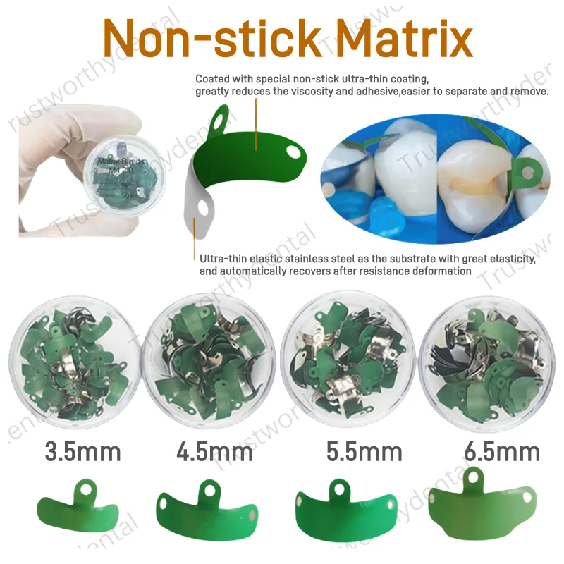 Dental Matrix Bands Non-Stick Teflon Coated Composite Matrices Green 3.5/4.5/5.5/6.5 Wedges Tooth Restoration Molar