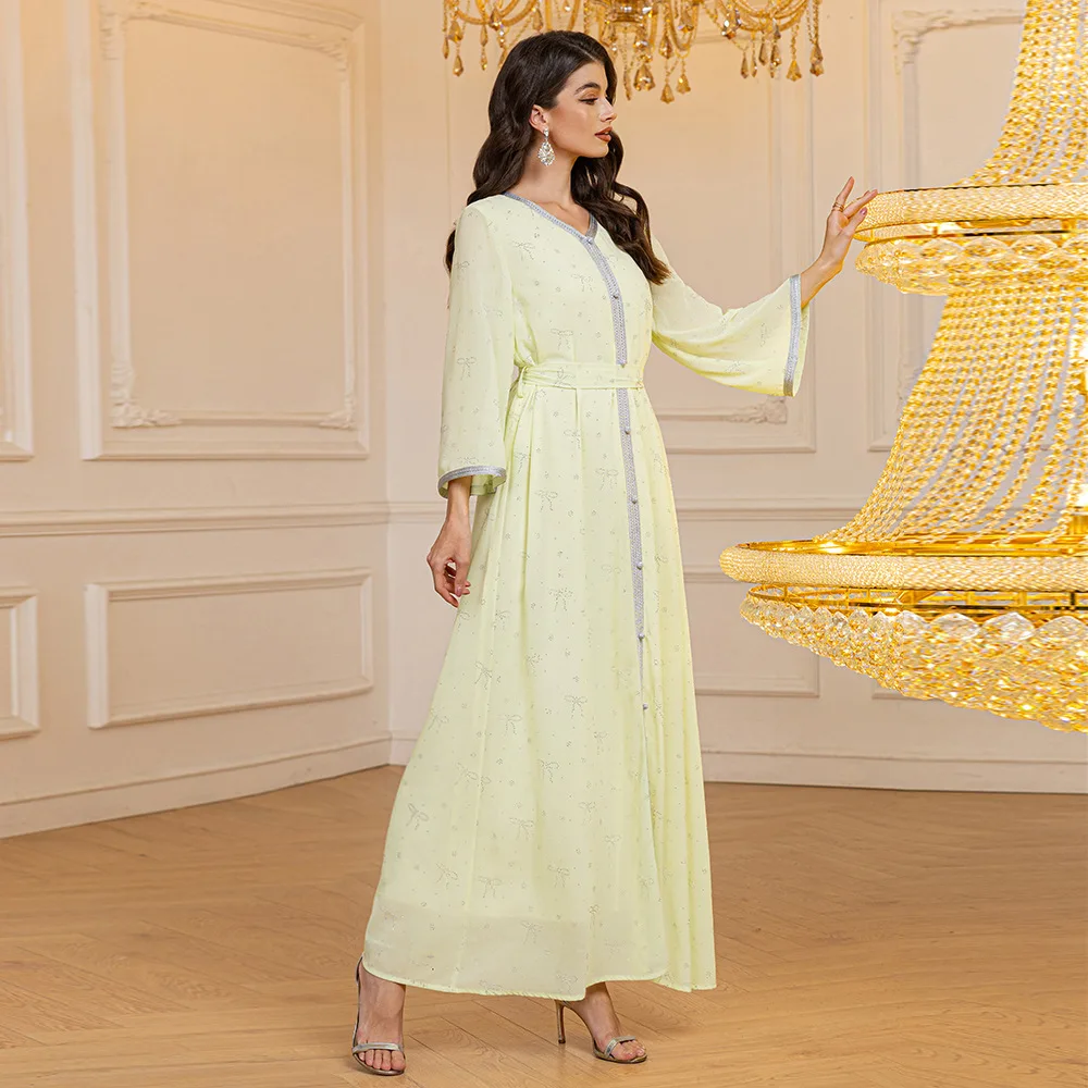 Middle East New Women's Chiffon Hot Diamond Abaya Muslim Robe Arabian Dress Robe Loose