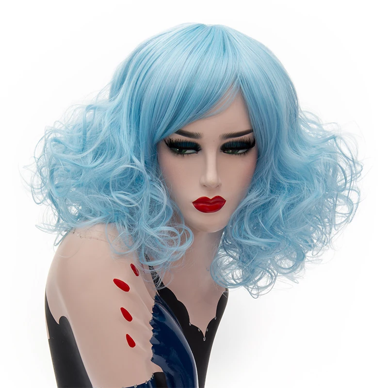 

Синтетический короткий волнистый синий парик для косплея с челкой, термостойкий для женщин, вечерние, повседневного использования