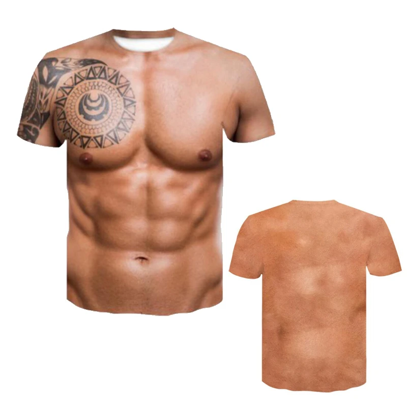Novelty Mens Casual Short Sleeve 3D Chest Muscle Printing Graphic T Shirt Funny Tops Tee Leisure Family Matching Clothing