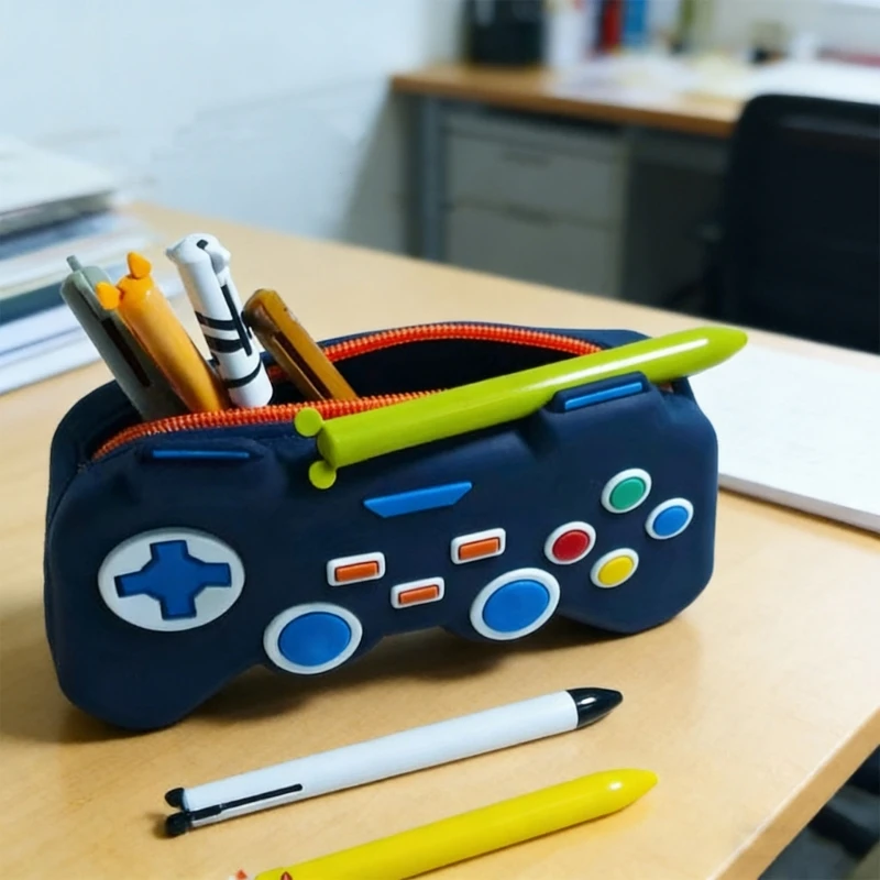 Gamepad-Shaped Pencil Case with Roomy Flexible Storage and a Top-Edge Closure for Writing Instruments, Rulers and Erasers F19E