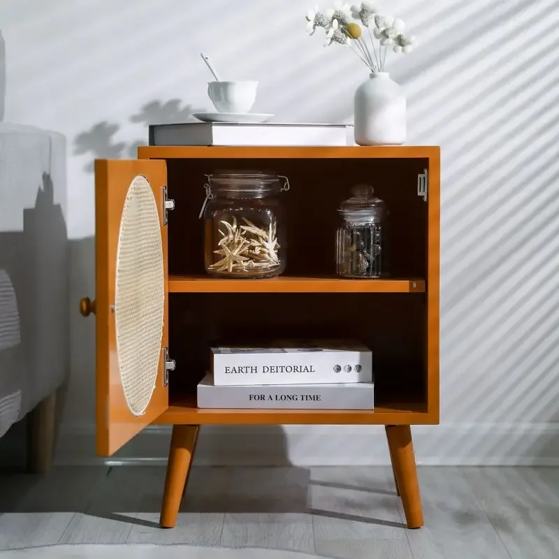 Room Bedroom Bedside Table Rattan Bedside Cabinet Bedside Storage Wood Cabinet for Homestay Hotel Home