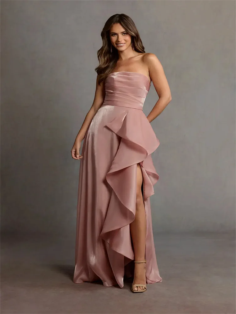 Customized Elegant Pink A-line Satin Chiffon Maxi Evening Gown Sleeveless Tube Top Pleated Chest Ruffle Skirt Silhouette Dress