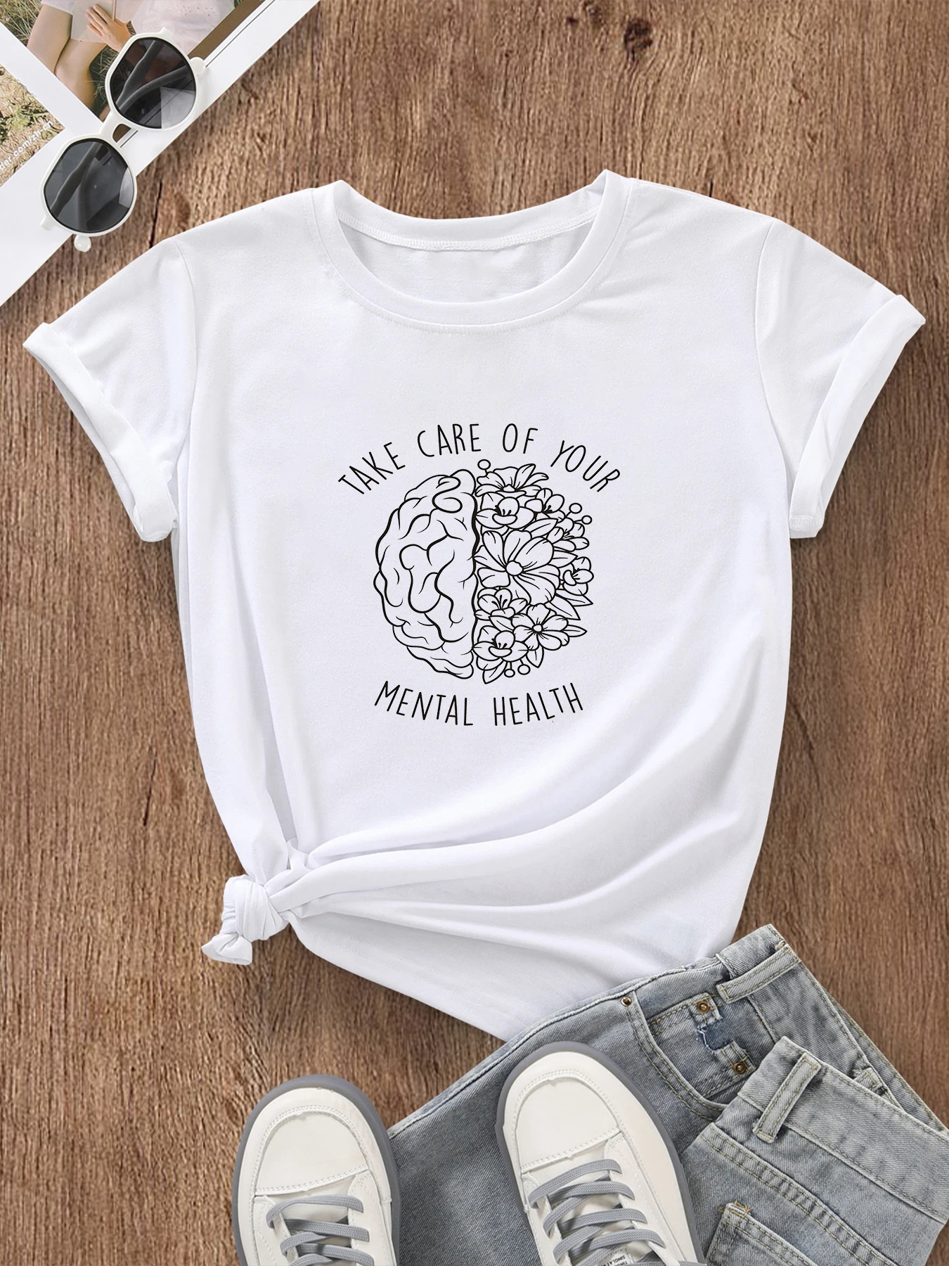 Take care of your mental health T-shirt Cotton Retro Gothic grunge style Aesthetic fashion unisex Casual Short Sleeve Tee